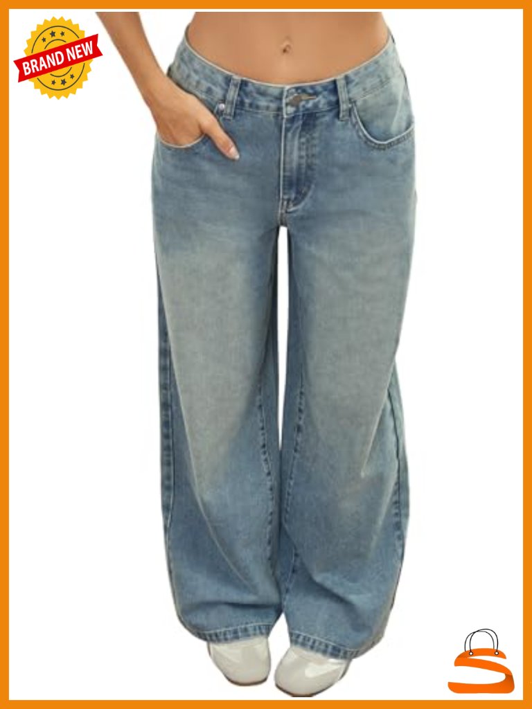 Adjustable Waist Straight Leg Jeans Y2k Baggy Denim Pants With Snap-Button High